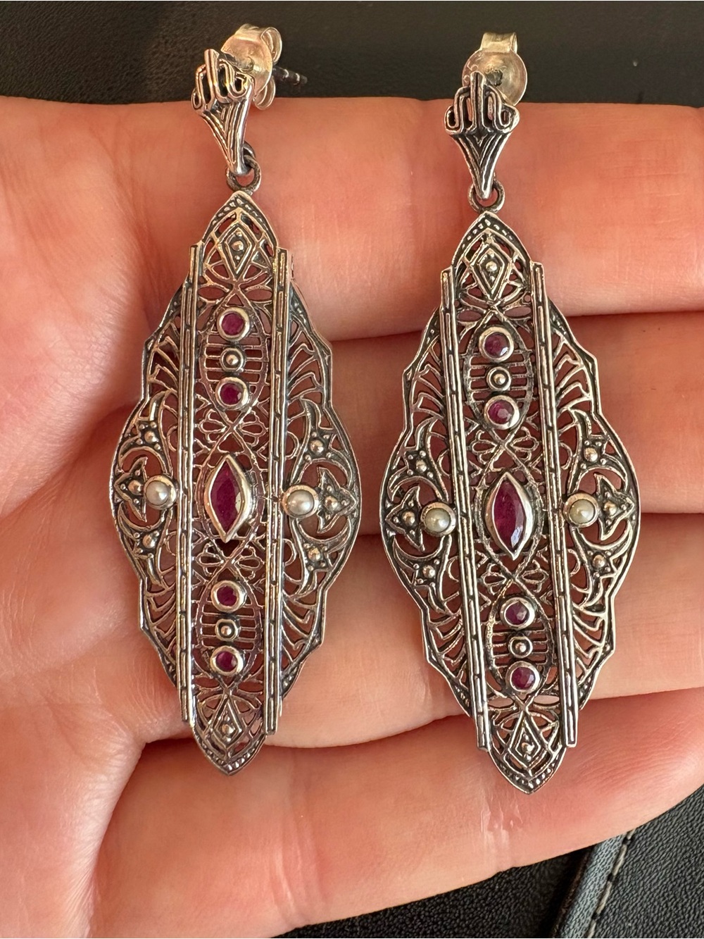 Sterling Silver Filigree Drop Earrings with Ruby Accents